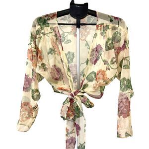 Vintage 1980s Betsey Johnson Sheer Floral Tie Front Blouse Shrug Size Small